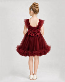 Burgundy Satin Tulle A-line Girls Formal Dress Back View
