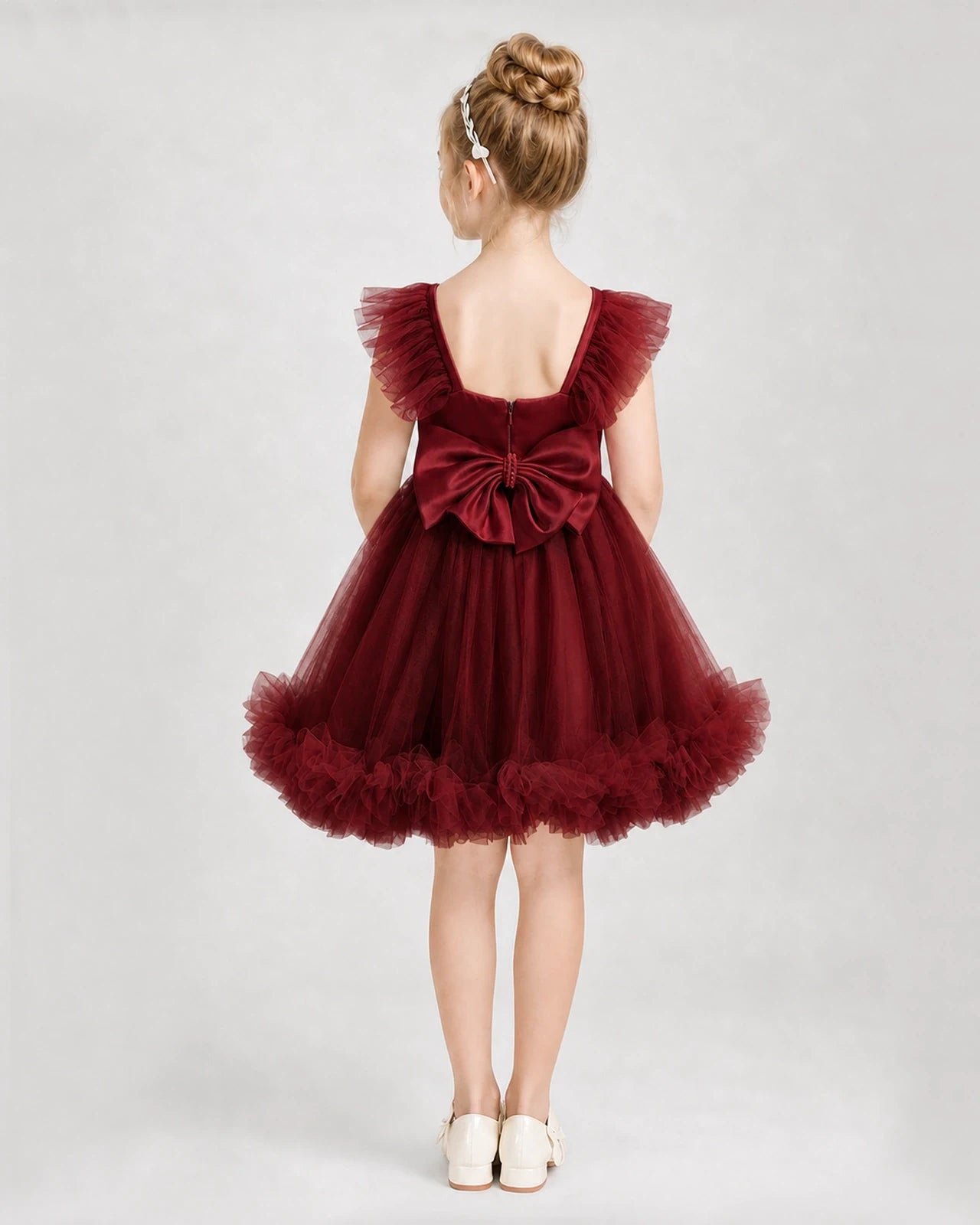 Burgundy Satin Tulle A-line Girls Formal Dress Back View