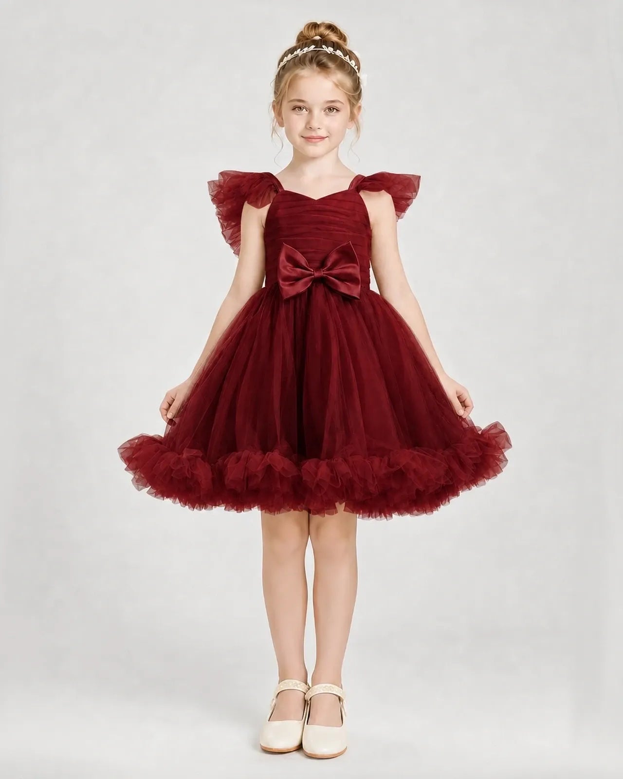 Burgundy Satin Tulle A-line Girls Formal Dress Front View