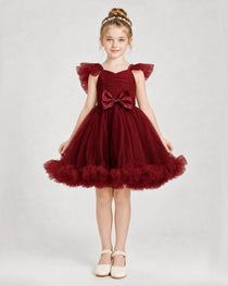 Burgundy Satin Tulle A-line Girls Formal Dress Front View
