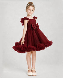 Burgundy Satin Tulle A-line Girls Formal Dress Side View