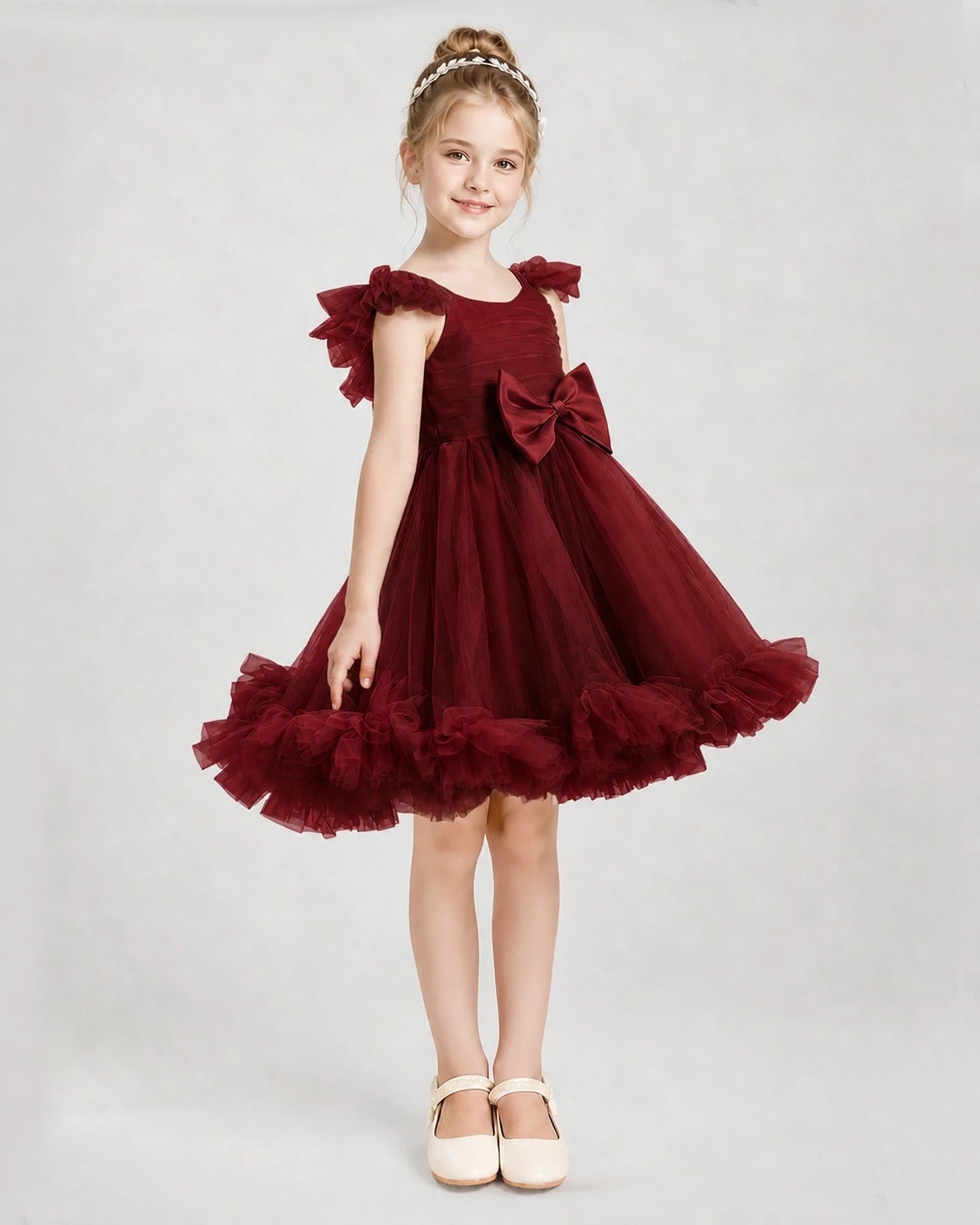 Burgundy Satin Tulle A-line Girls Formal Dress Side View
