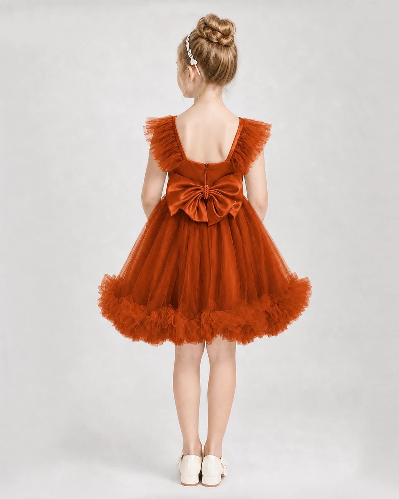 Burnt Orange Satin Tulle A-line Girls Formal Dress Back View