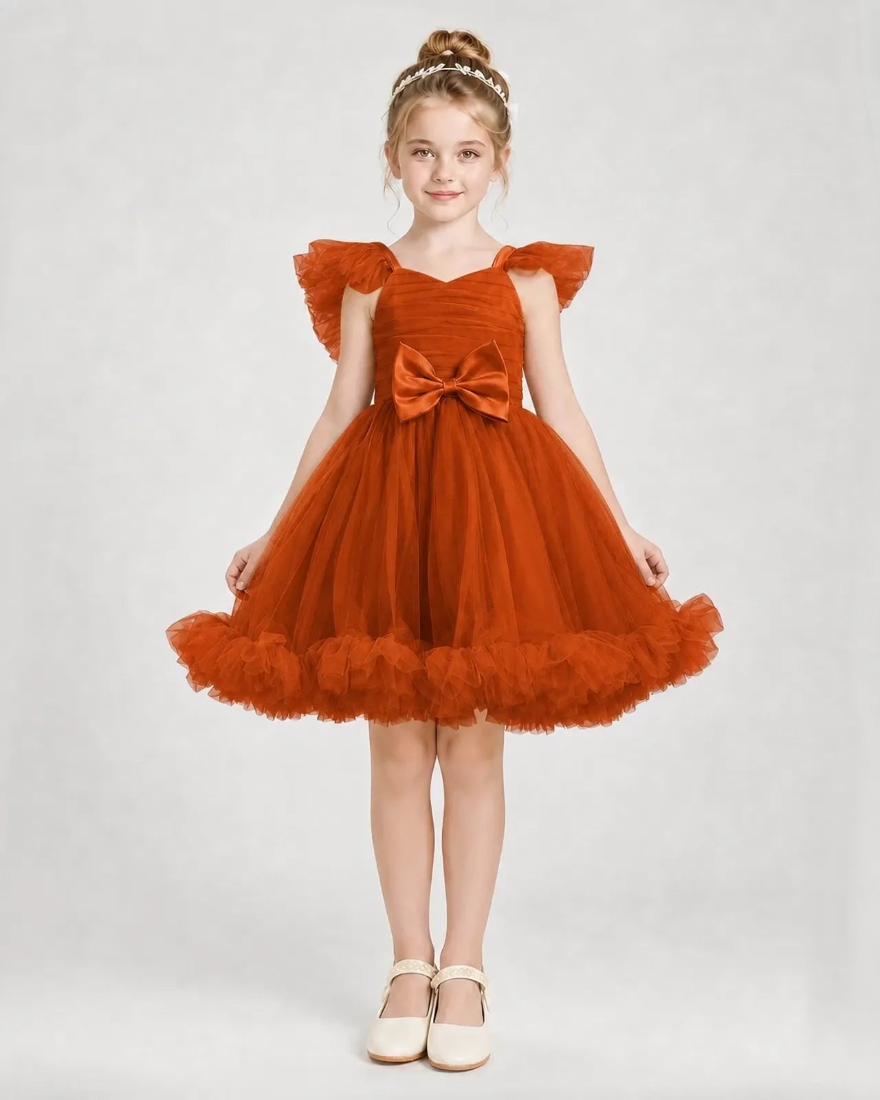 Burnt Orange Satin Tulle A-line Girls Formal Dress Front View