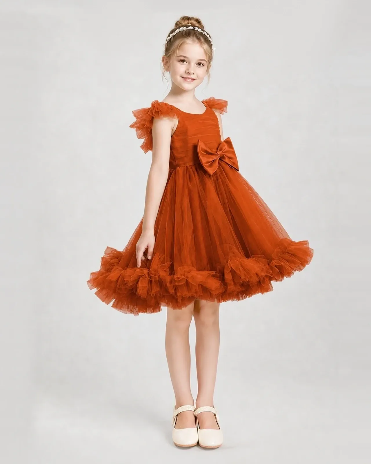Burnt Orange Satin Tulle A-line Girls Formal Dress Side View