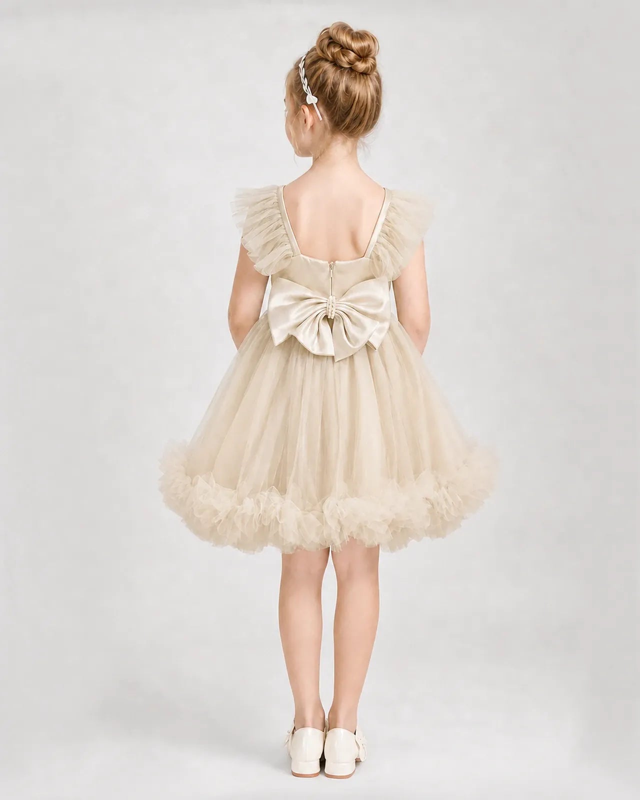 Champagne Satin Tulle A-line Girls Formal Dress Back View
