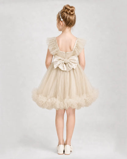 Champagne Satin Tulle A-line Girls Formal Dress Back View
