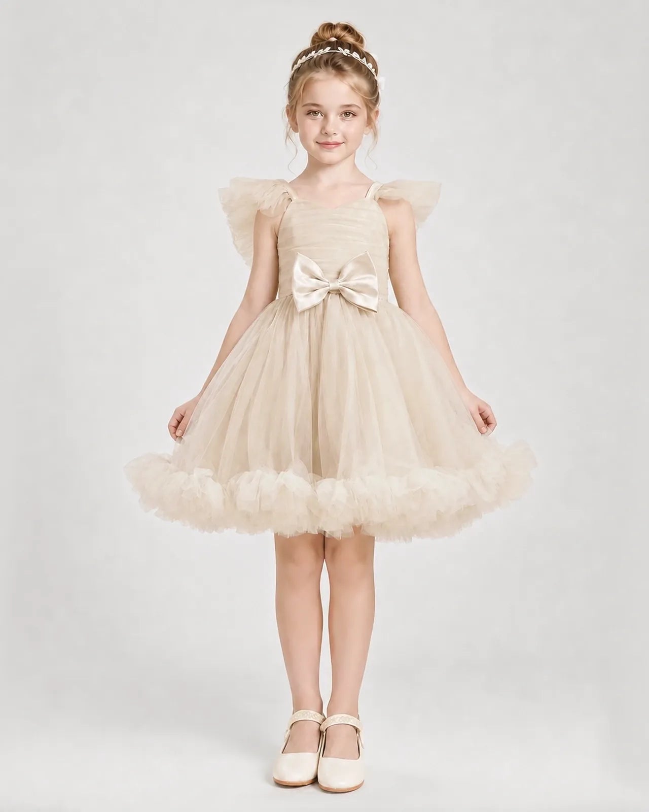 Champagne Satin Tulle A-line Girls Formal Dress Front View