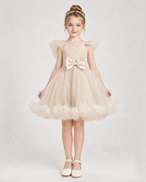 Champagne Satin Tulle A-line Girls Formal Dress Front View
