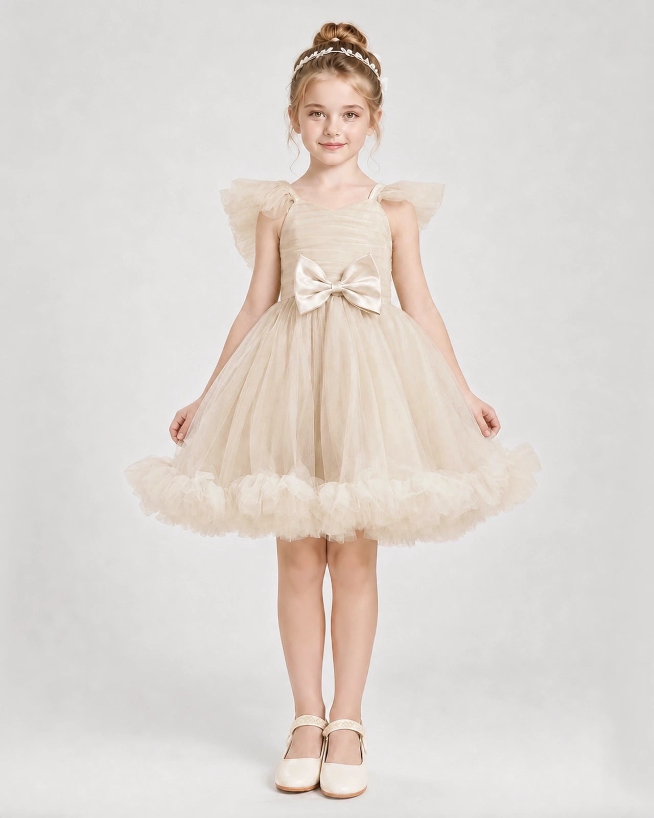 Champagne Satin Tulle A-line Girls Formal Dress Front View