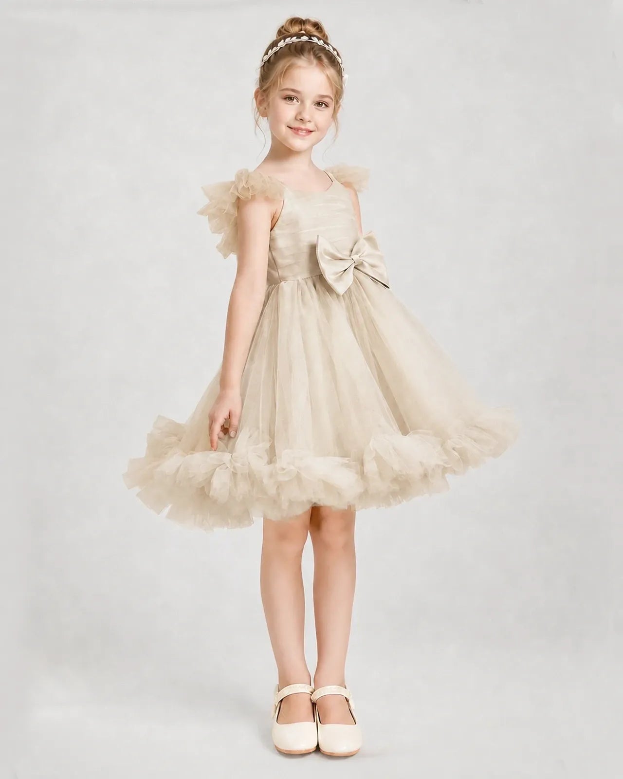 Champagne Satin Tulle A-line Girls Formal Dress Side View