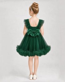 Dark Green Satin Tulle A-line Girls Formal Dress Back View
