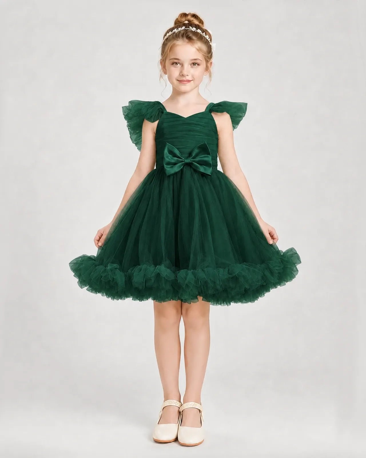 Dark Green Satin Tulle A-line Girls Formal Dress Front View