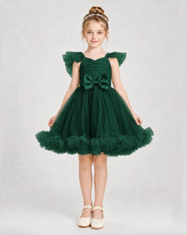 Dark Green Satin Tulle A-line Girls Formal Dress Front View