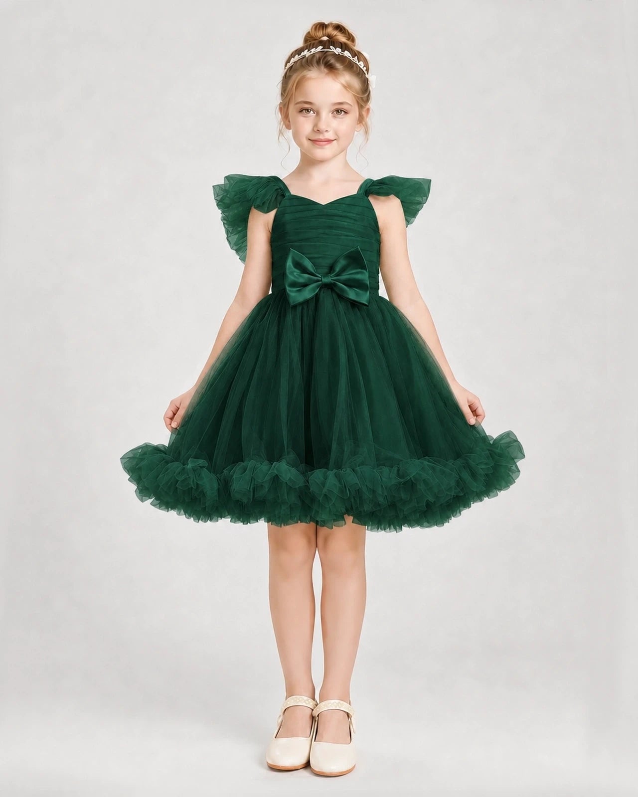 Dark Green Satin Tulle A-line Girls Formal Dress Front View