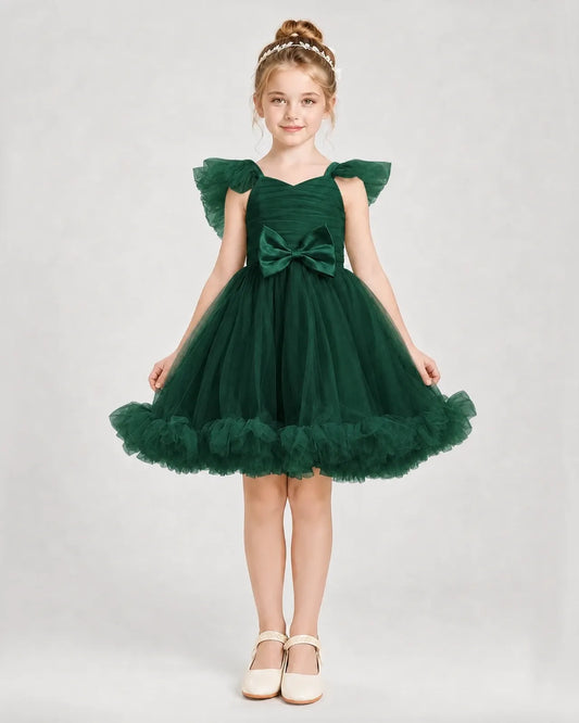 Dark Green Satin Tulle A-line Girls Formal Dress Front View
