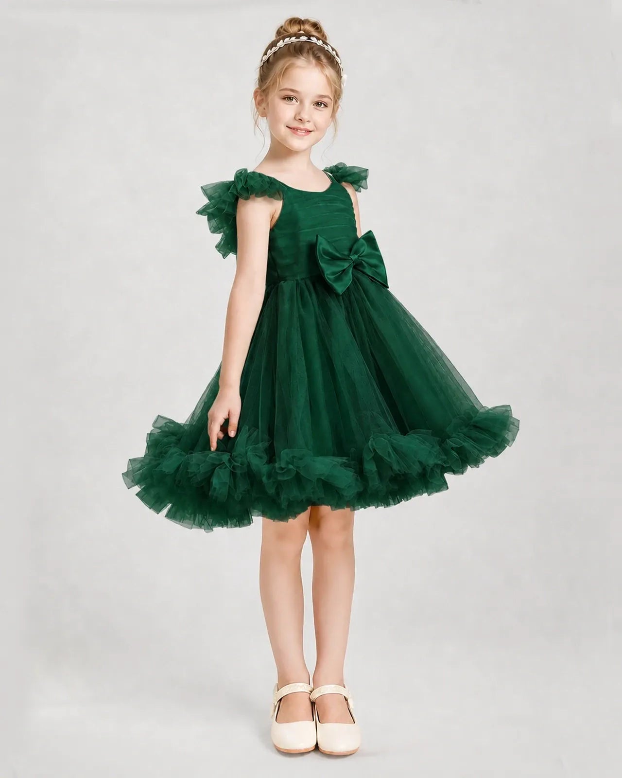 Dark Green Satin Tulle A-line Girls Formal Dress Side View