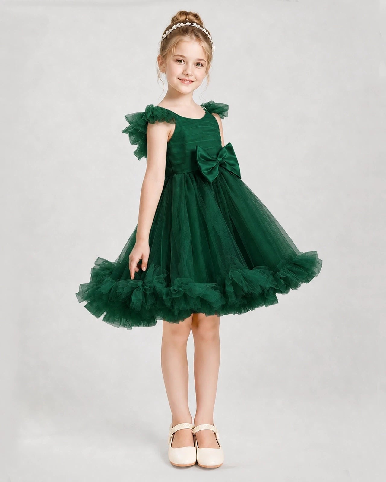 Dark Green Satin Tulle A-line Girls Formal Dress Side View