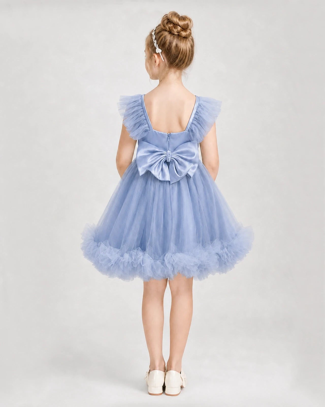 Dusty Blue Satin Tulle A-line Girls Formal Dress Back View