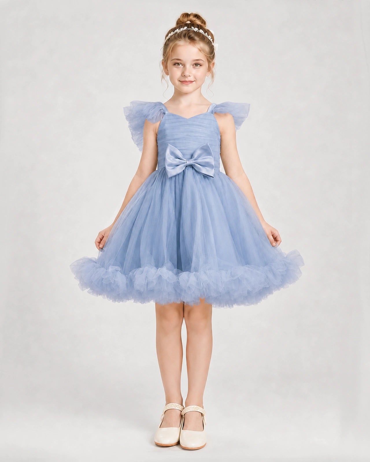 Dusty Blue Satin Tulle A-line Girls Formal Dress Front View