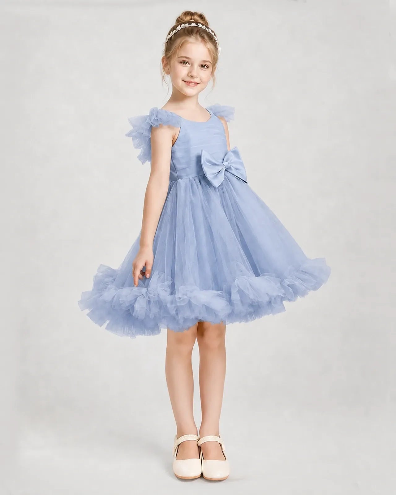 Dusty Blue Satin Tulle A-line Girls Formal Dress Side View