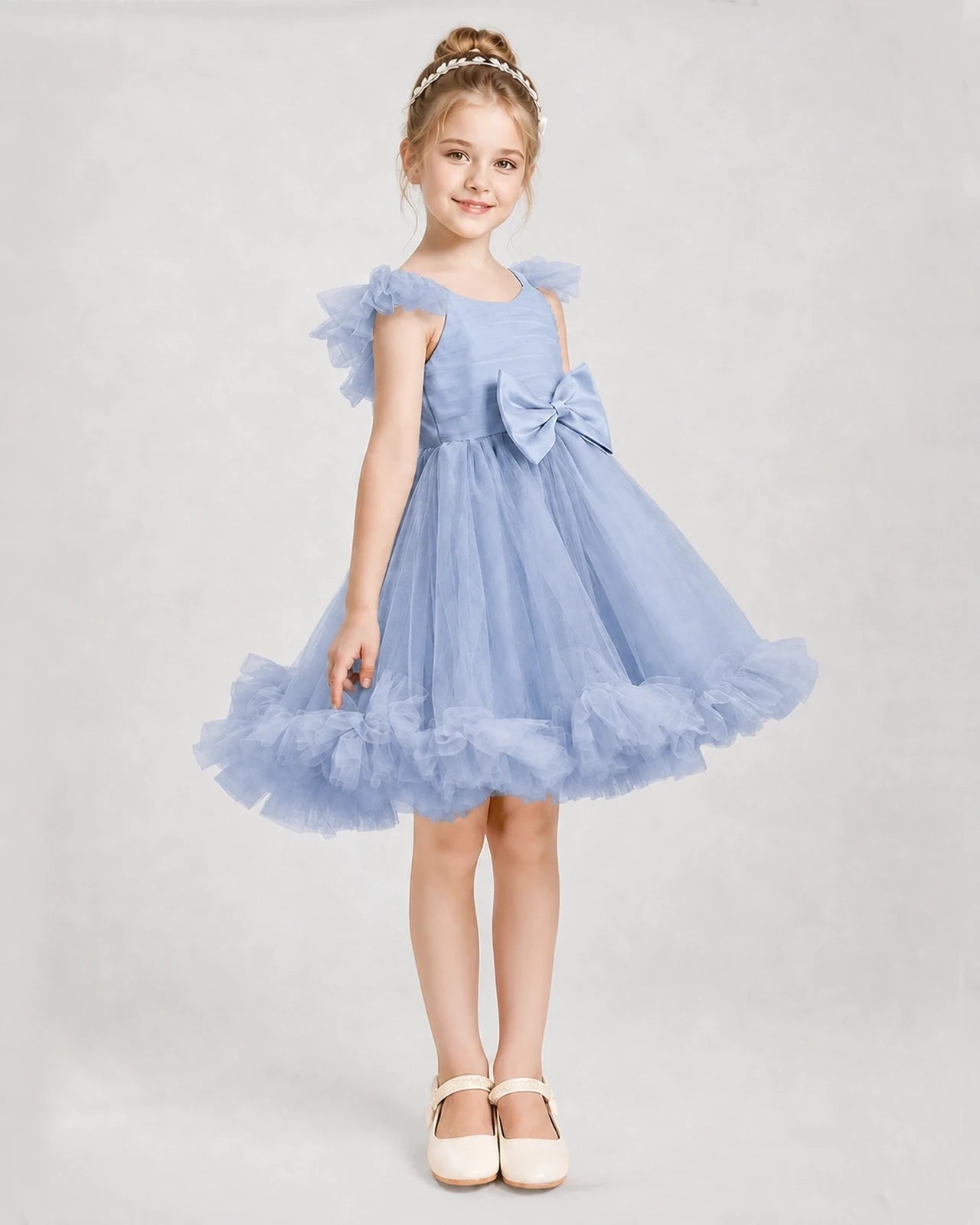 Dusty Blue Satin Tulle A-line Girls Formal Dress Side View