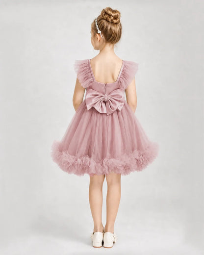Dusty Rose Satin Tulle A-line Girls Formal Dress Back View