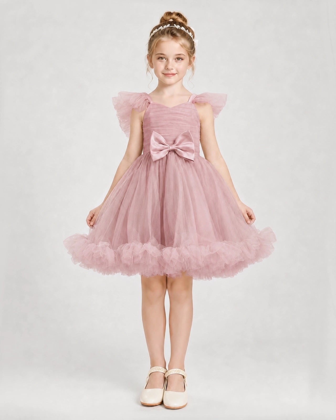 Dusty Rose Satin Tulle A-line Girls Formal Dress Front View