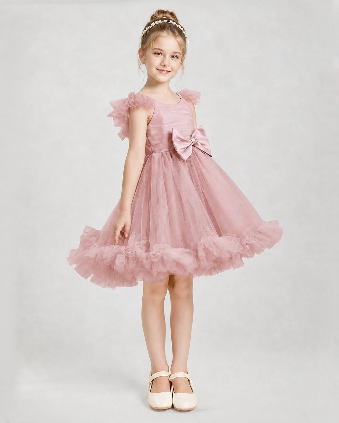 Dusty Rose Satin Tulle A-line Girls Formal Dress Side View