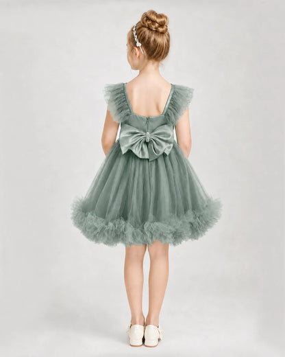Eucalyptus Satin Tulle A-line Girls Formal Dress Back View