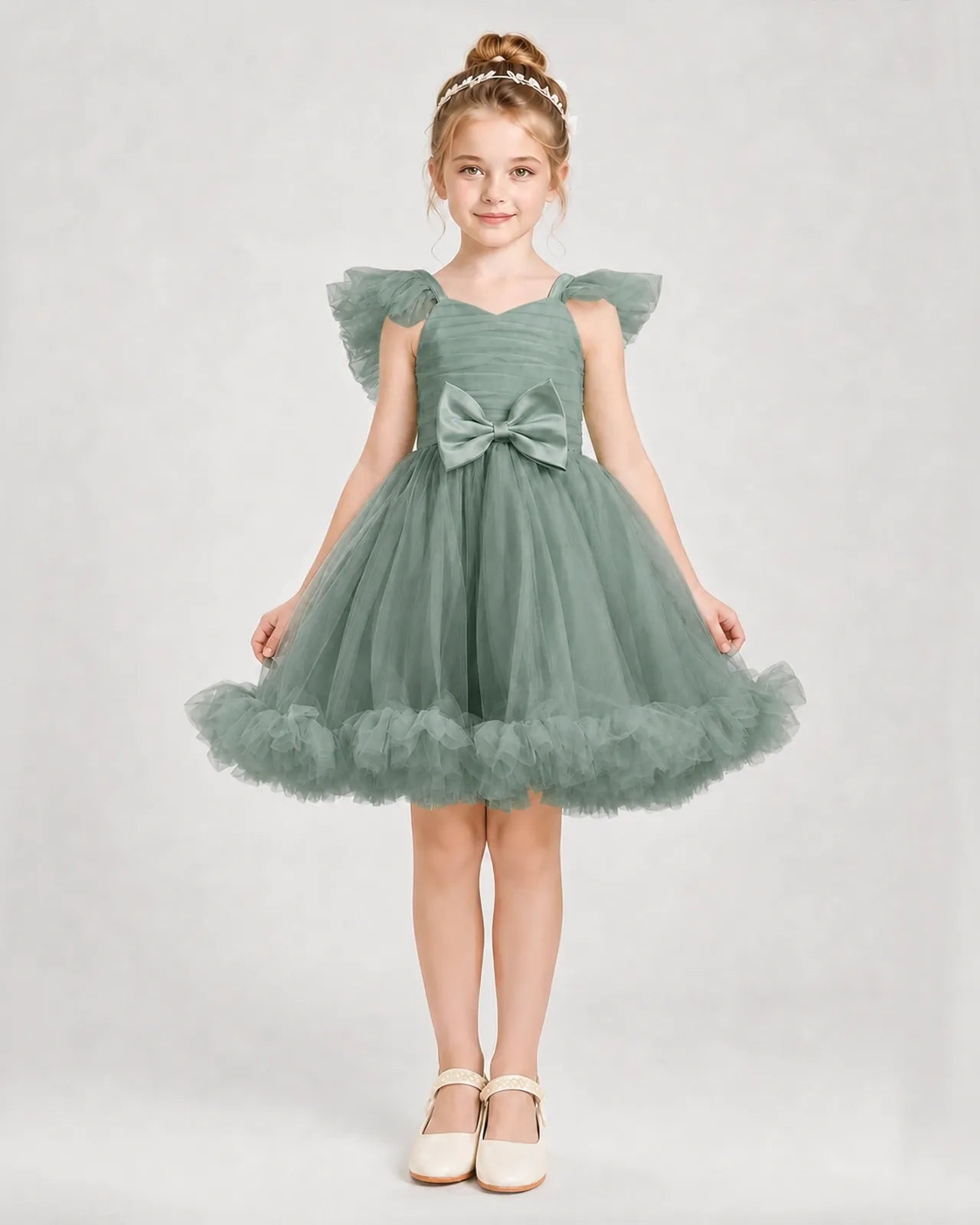 Eucalyptus Satin Tulle A-line Girls Formal Dress Front View