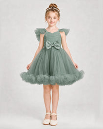 Eucalyptus Satin Tulle A-line Girls Formal Dress Front View