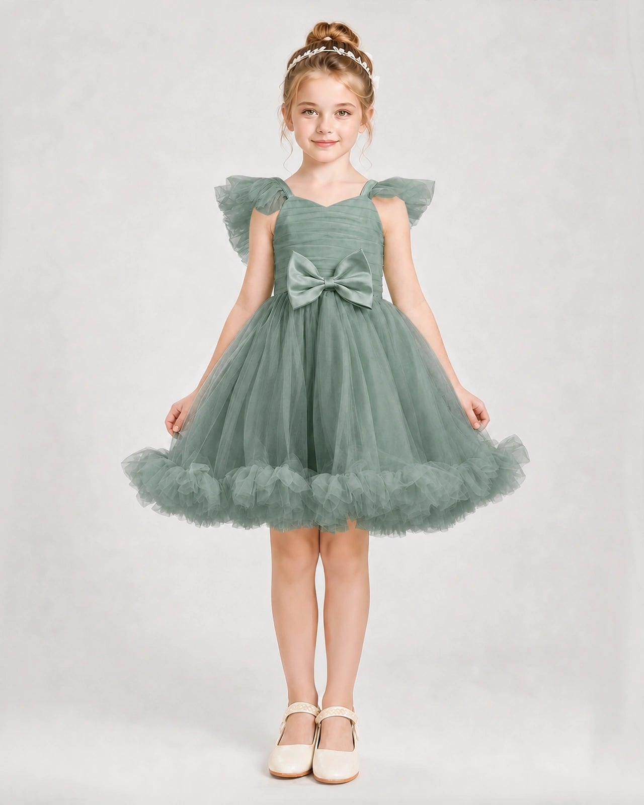 Eucalyptus Satin Tulle A-line Girls Formal Dress Front View