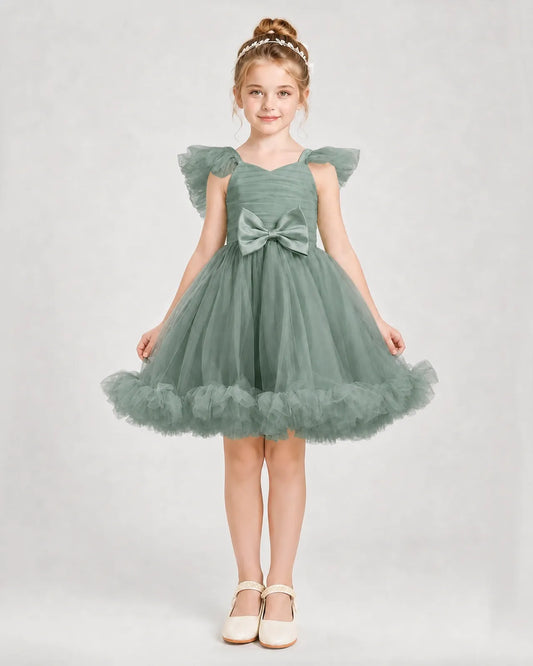 Eucalyptus Satin Tulle A-line Girls Formal Dress Front View