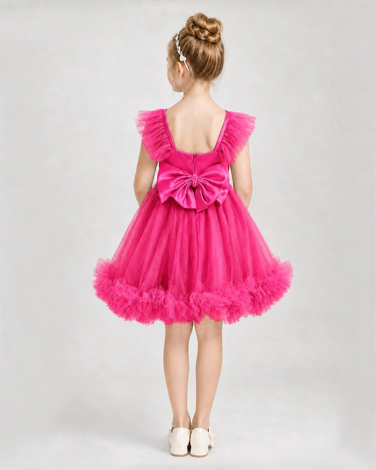 Hot Pink Satin Tulle A-line Girls Formal Dress Back View