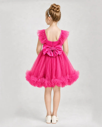 Hot Pink Satin Tulle A-line Girls Formal Dress Back View