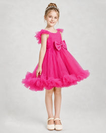 Hot Pink Satin Tulle A-line Girls Formal Dress Side View