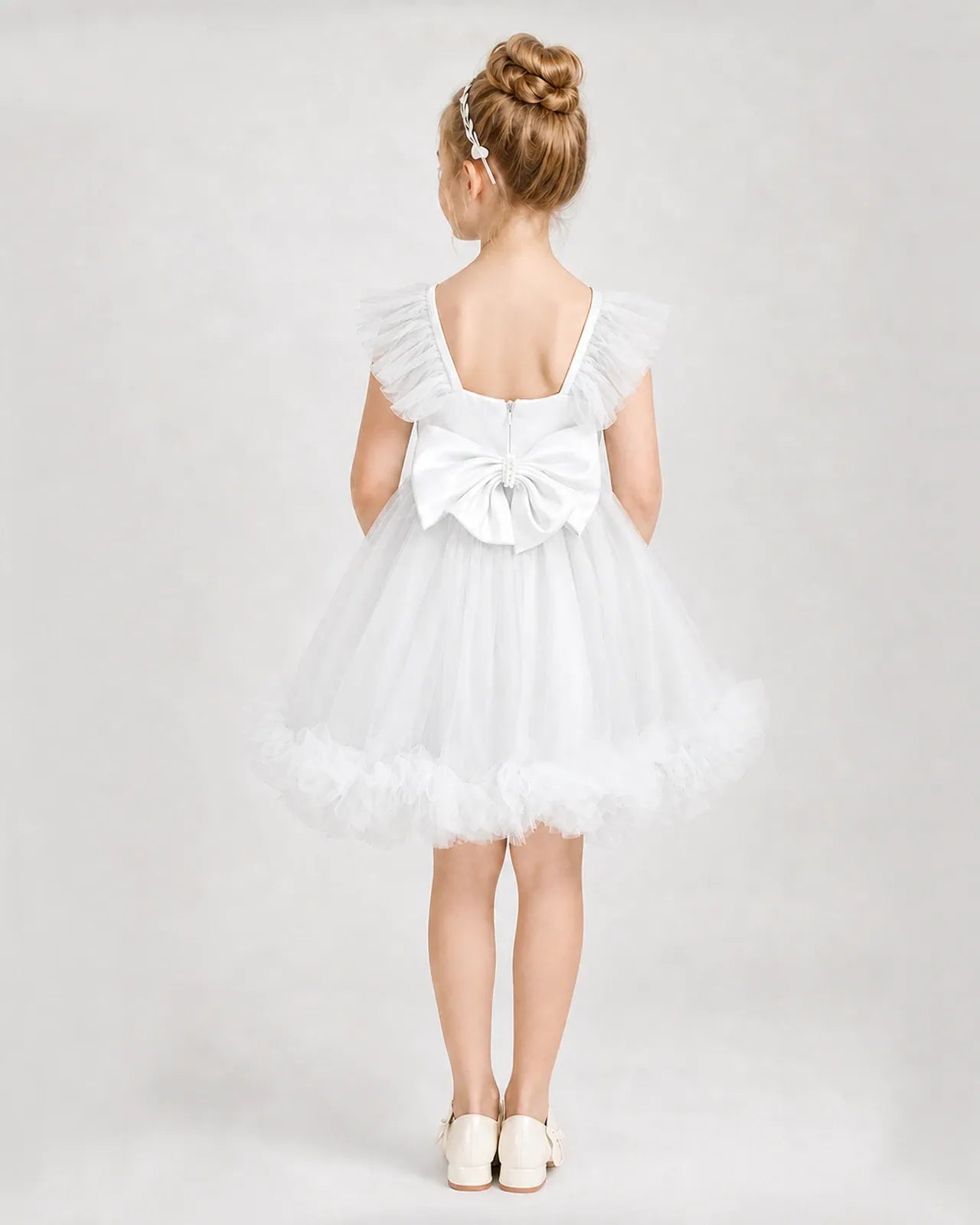 Ivory Satin Tulle A-line Girls Formal Dress Back View