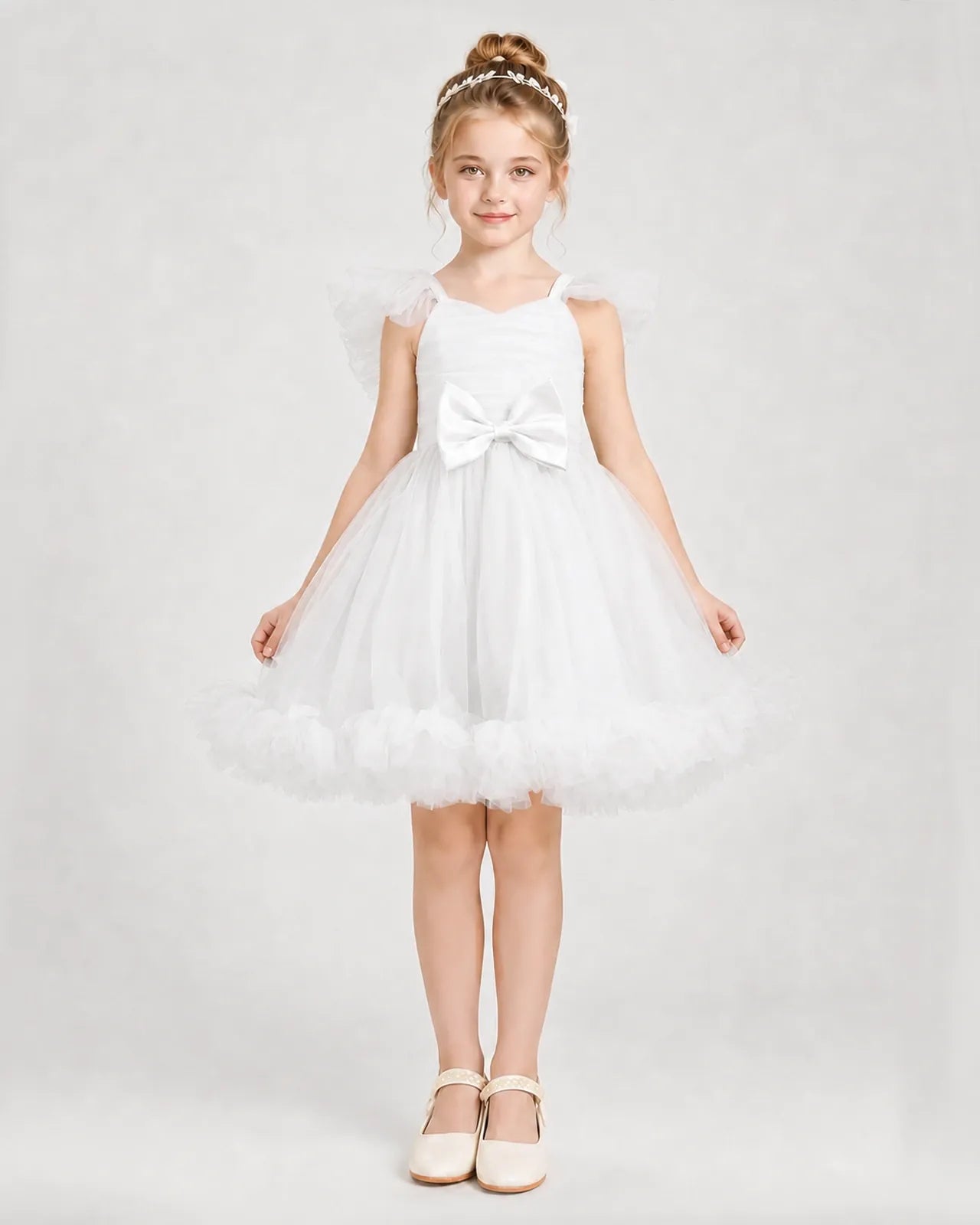 Ivory Satin Tulle A-line Girls Formal Dress Front View