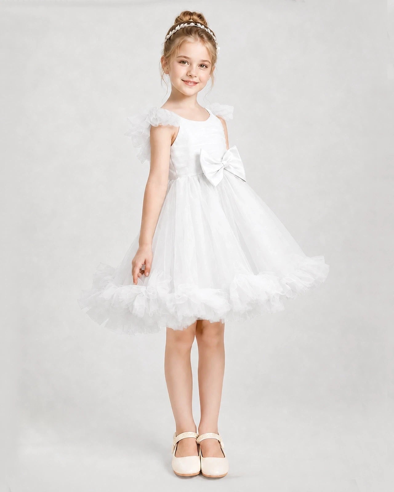 Ivory Satin Tulle A-line Girls Formal Dress Side View