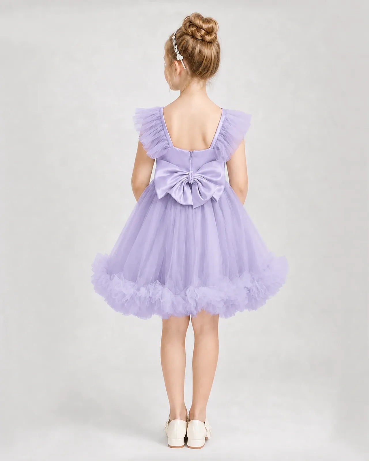 Lavender Satin Tulle A-line Girls Formal Dress Back View