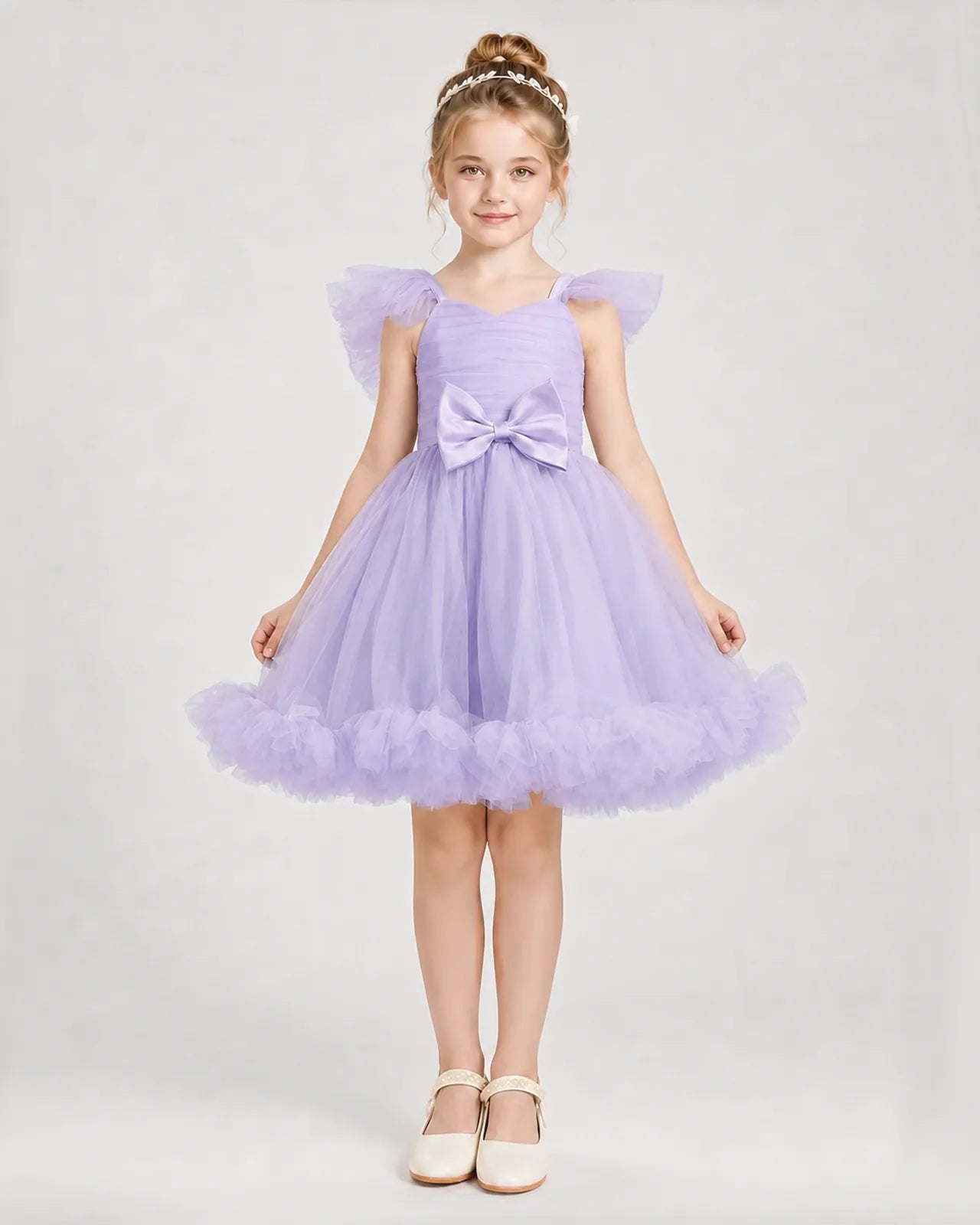 Lavender Satin Tulle A-line Girls Formal Dress Front View