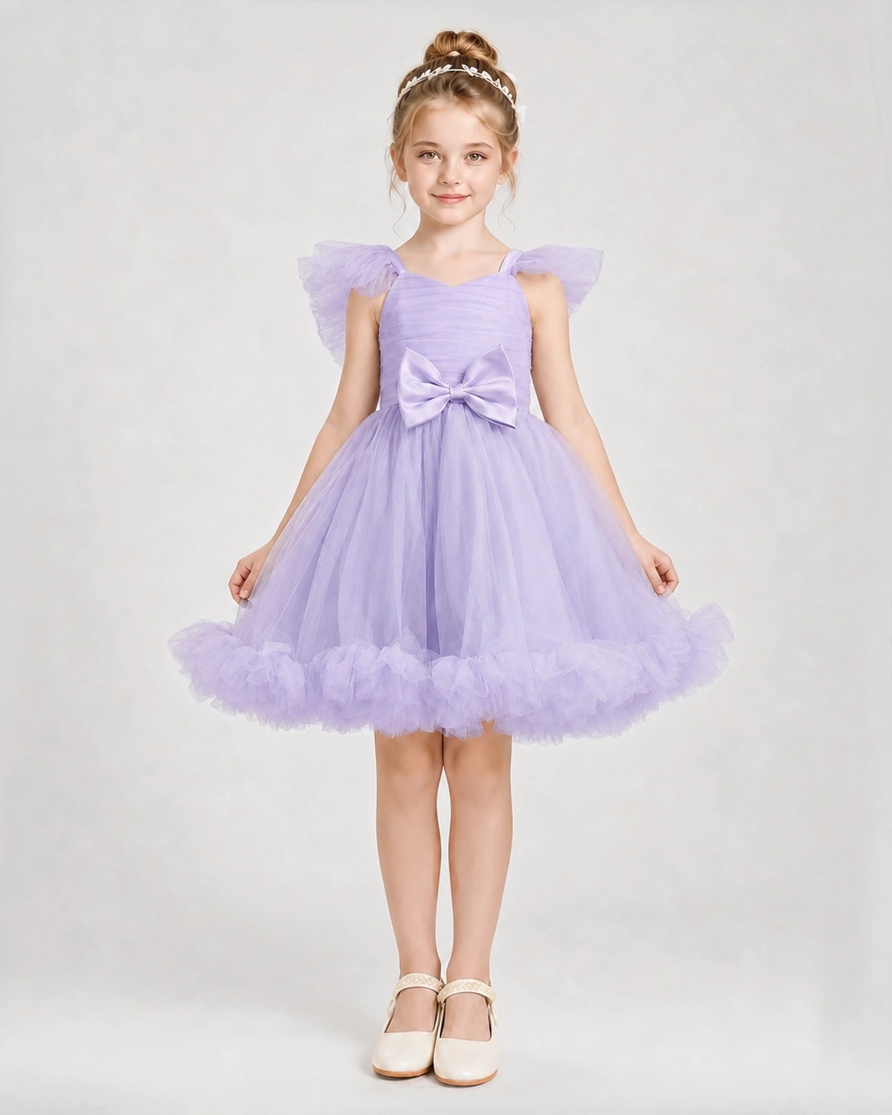 Lavender Satin Tulle A-line Girls Formal Dress Front View