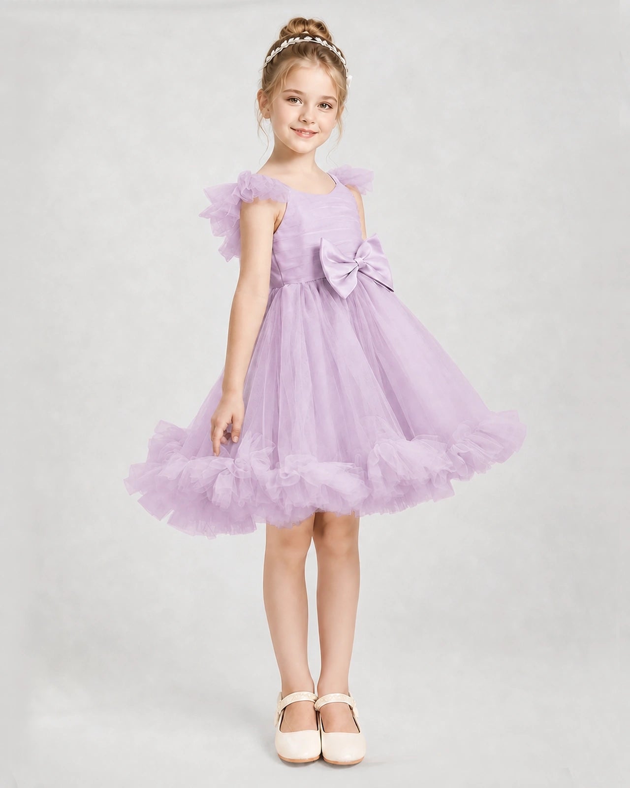 Dideyttawl Girls Formal Dress Ruffle with Bow Tulle Dress