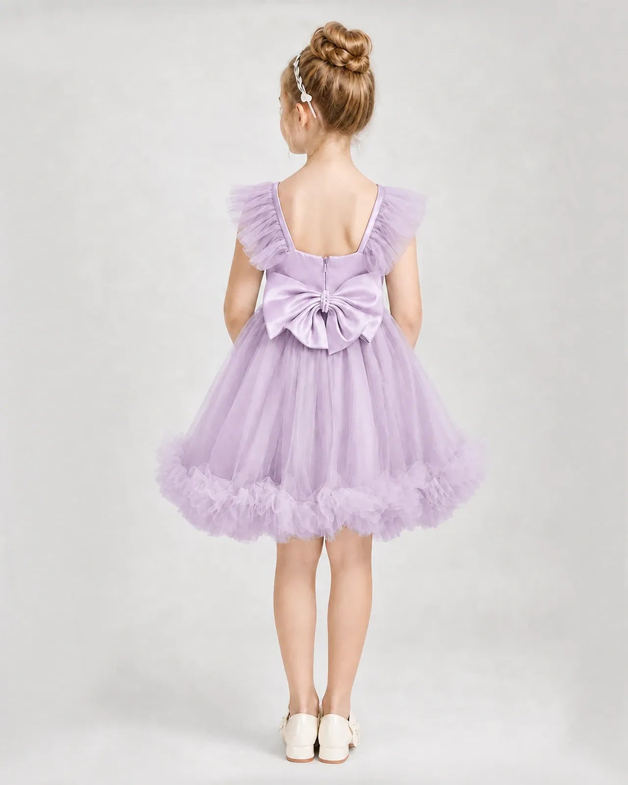 Lilac Satin Tulle A-line Girls Formal Dress Back View