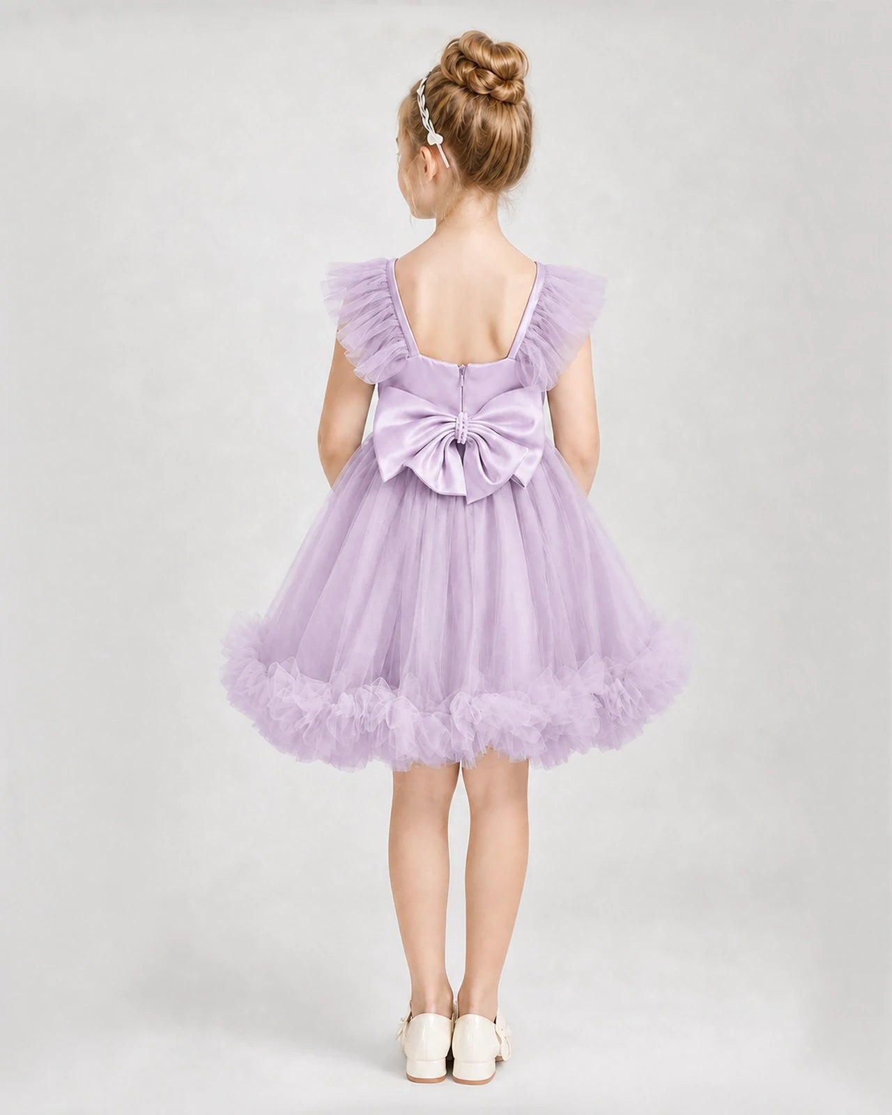 Lilac Satin Tulle A-line Girls Formal Dress Back View