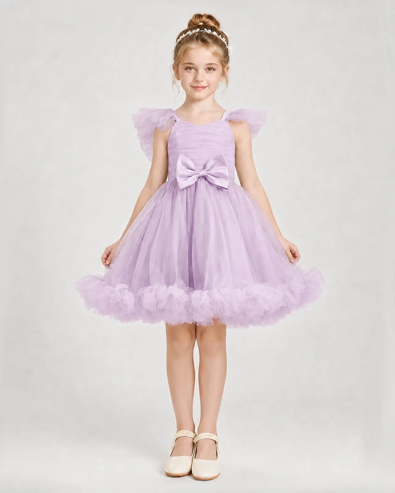 Lilac Satin Tulle A-line Girls Formal Dress Front View