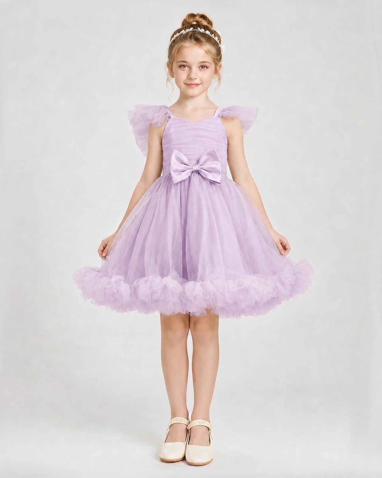 Lilac Satin Tulle A-line Girls Formal Dress Front View