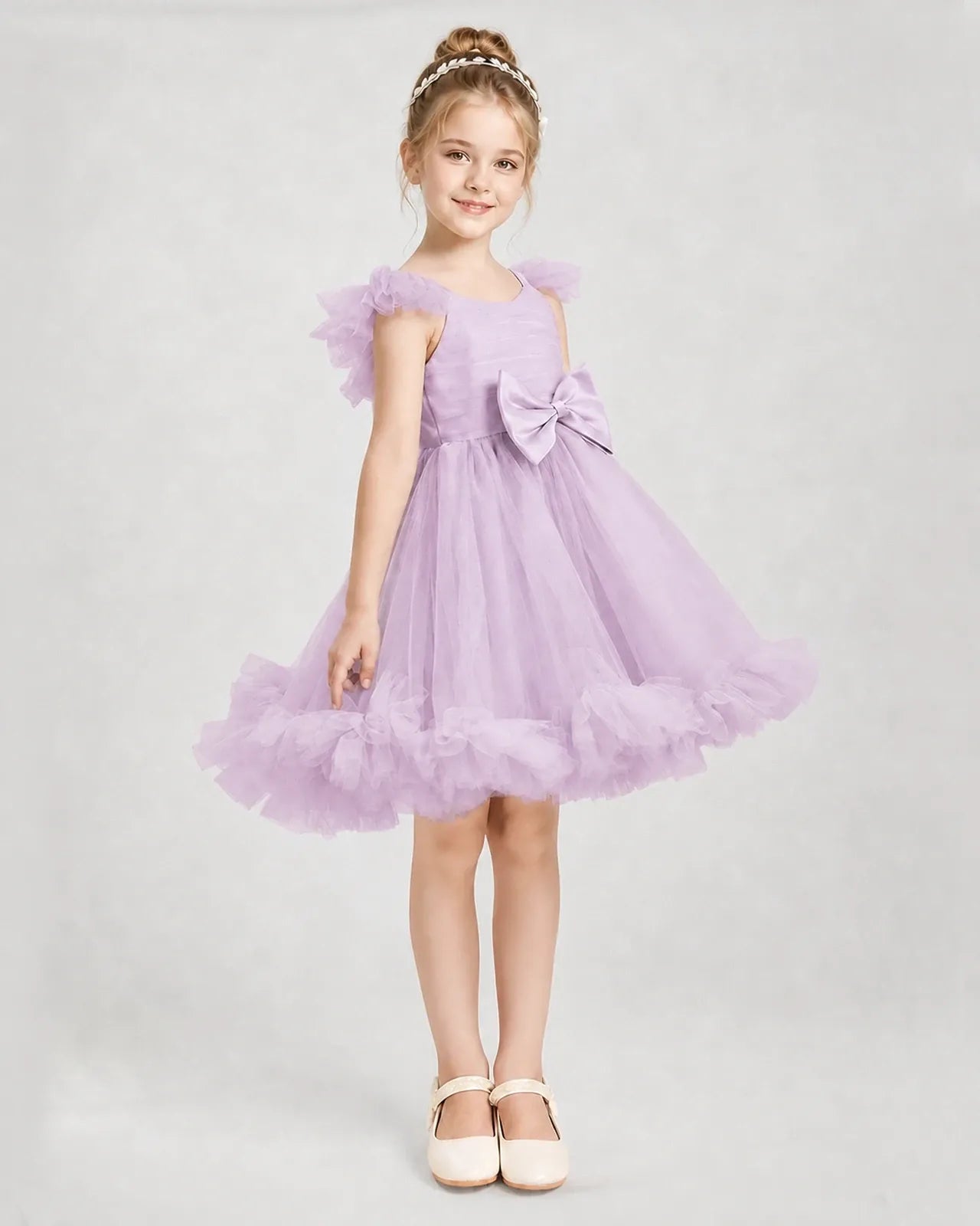 Lilac Satin Tulle A-line Girls Formal Dress Side View