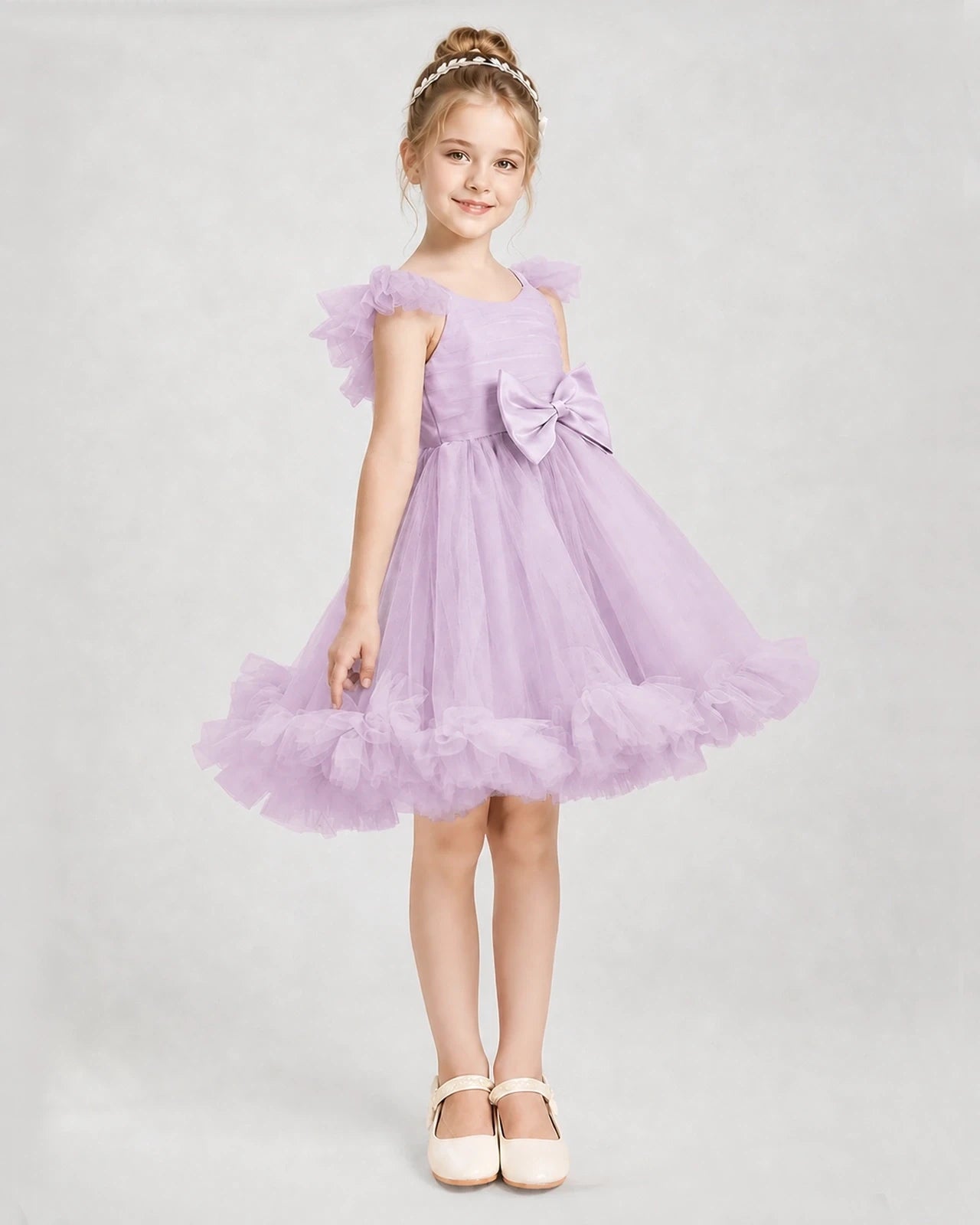 Lilac Satin Tulle A-line Girls Formal Dress Side View